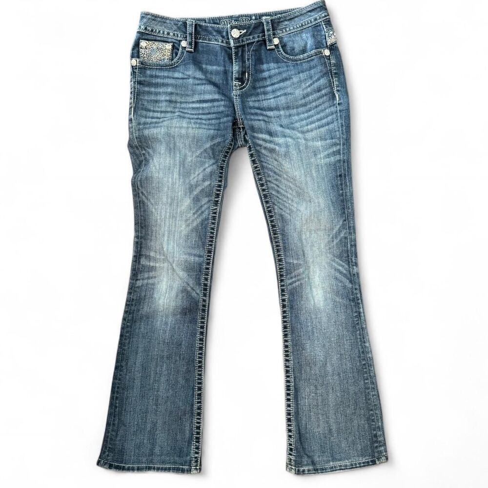 Miss Me Mid Rise Bootcut Jeans Size 28 Metallic Silver Stitch Embellished - Picture 1 of 7